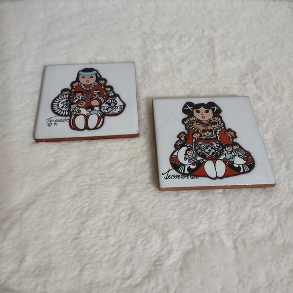 2 Teissedre Tiles Ceramic Trivet Hand Painted "4 x 4" Vintage 1991 - Picture 6 of 6
